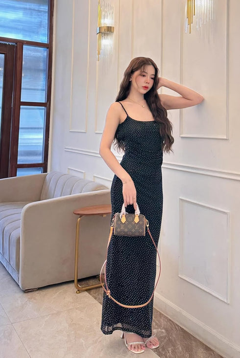 Sparkly Deep Back Lace Long Body-con Maxi Dress